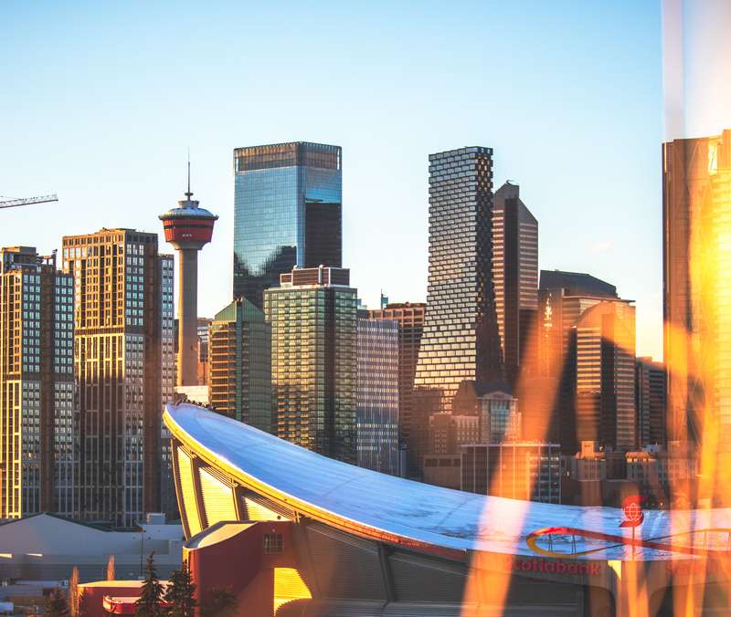 Calgary downtown skyline with Saddle Dome
