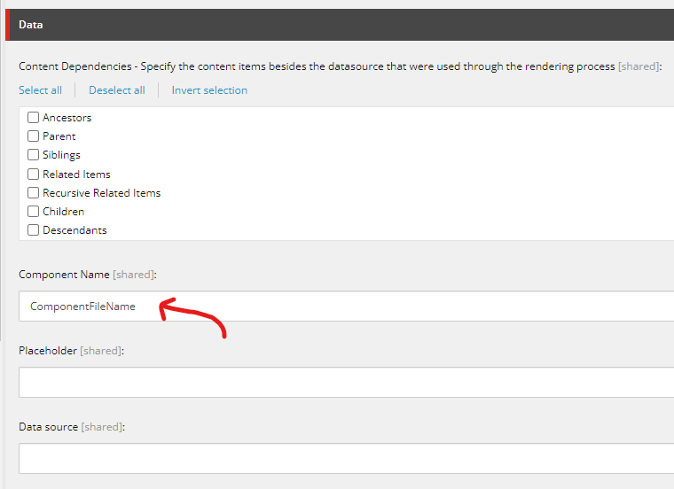 A screenshot from Sitecore XM Cloud showing the component name in the data section