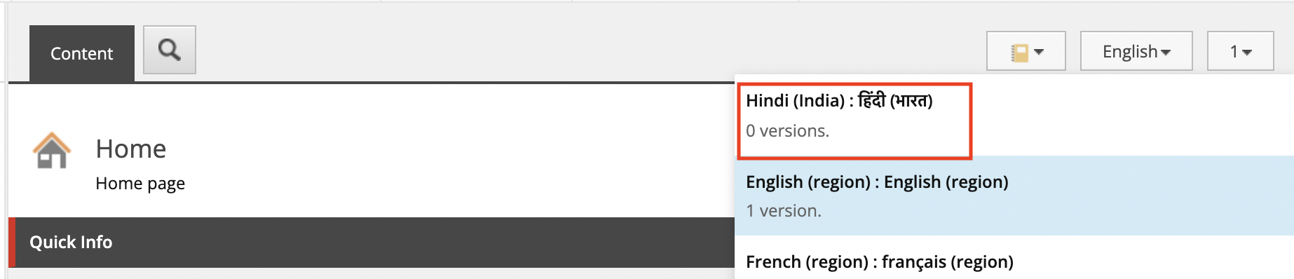 Screenshot from Sitecore displaying the new language chosen from the selector