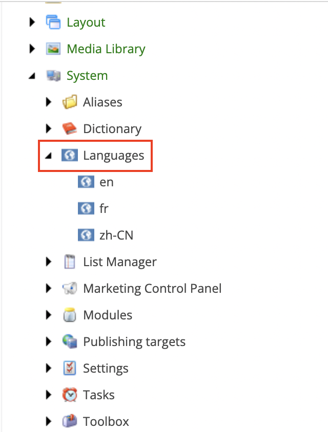 Screenshot from Sitecore showing the language option in the content tree