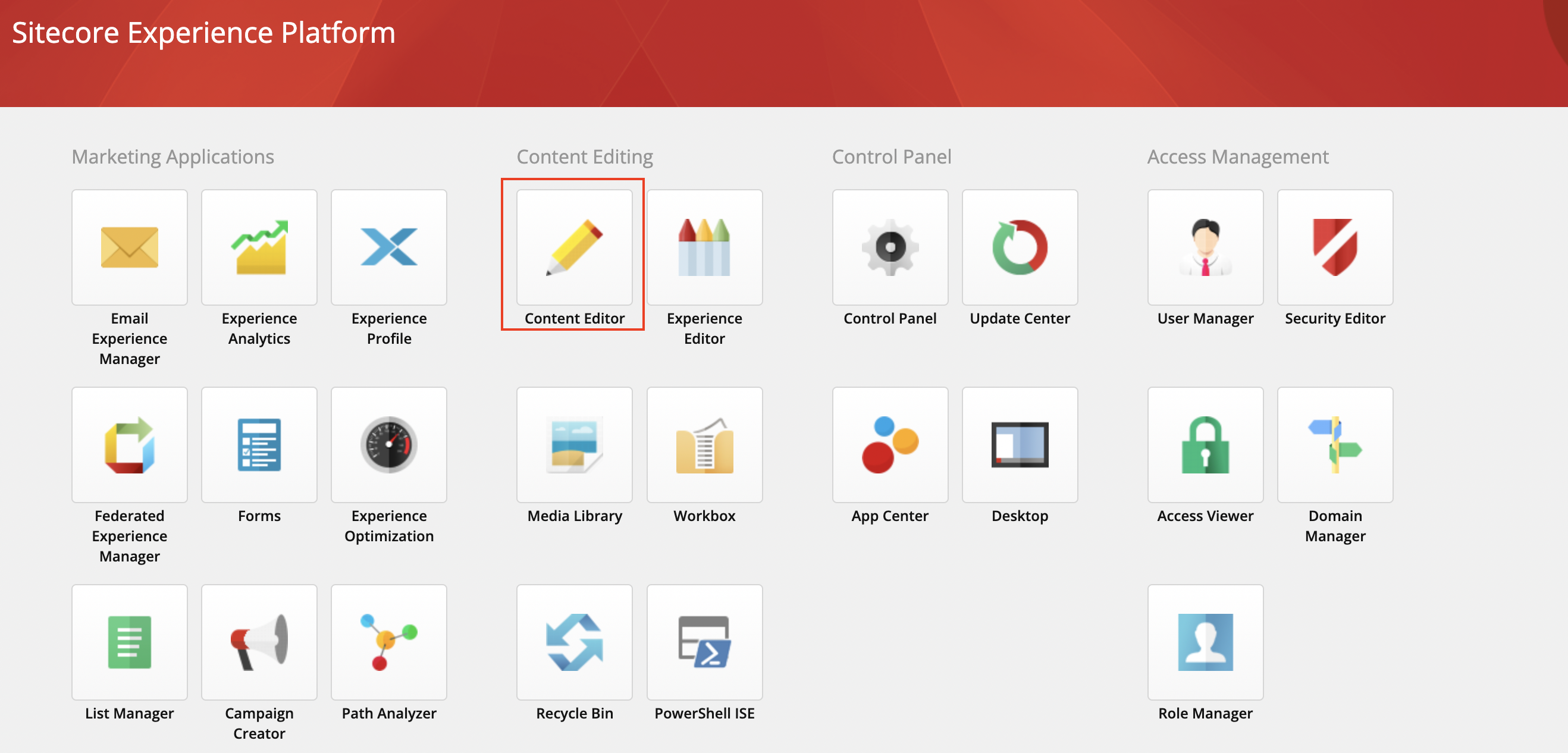 Screenshot from Sitecore showing the dashboard and where to select the content editor