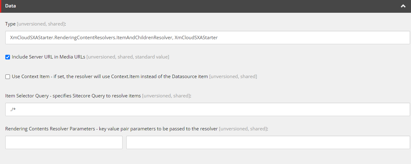 Sitecore Content Management interface displaying data fields for a rendering contents resolver configuration.