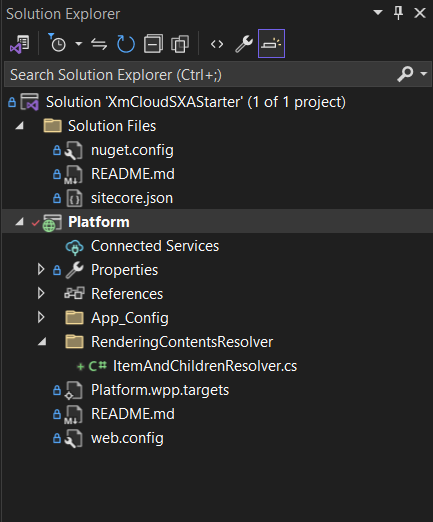 Screenshot of Visual Studio with the Solution Explorer window open, showing project structure and files for 'XmCloudSXAStarter'.
