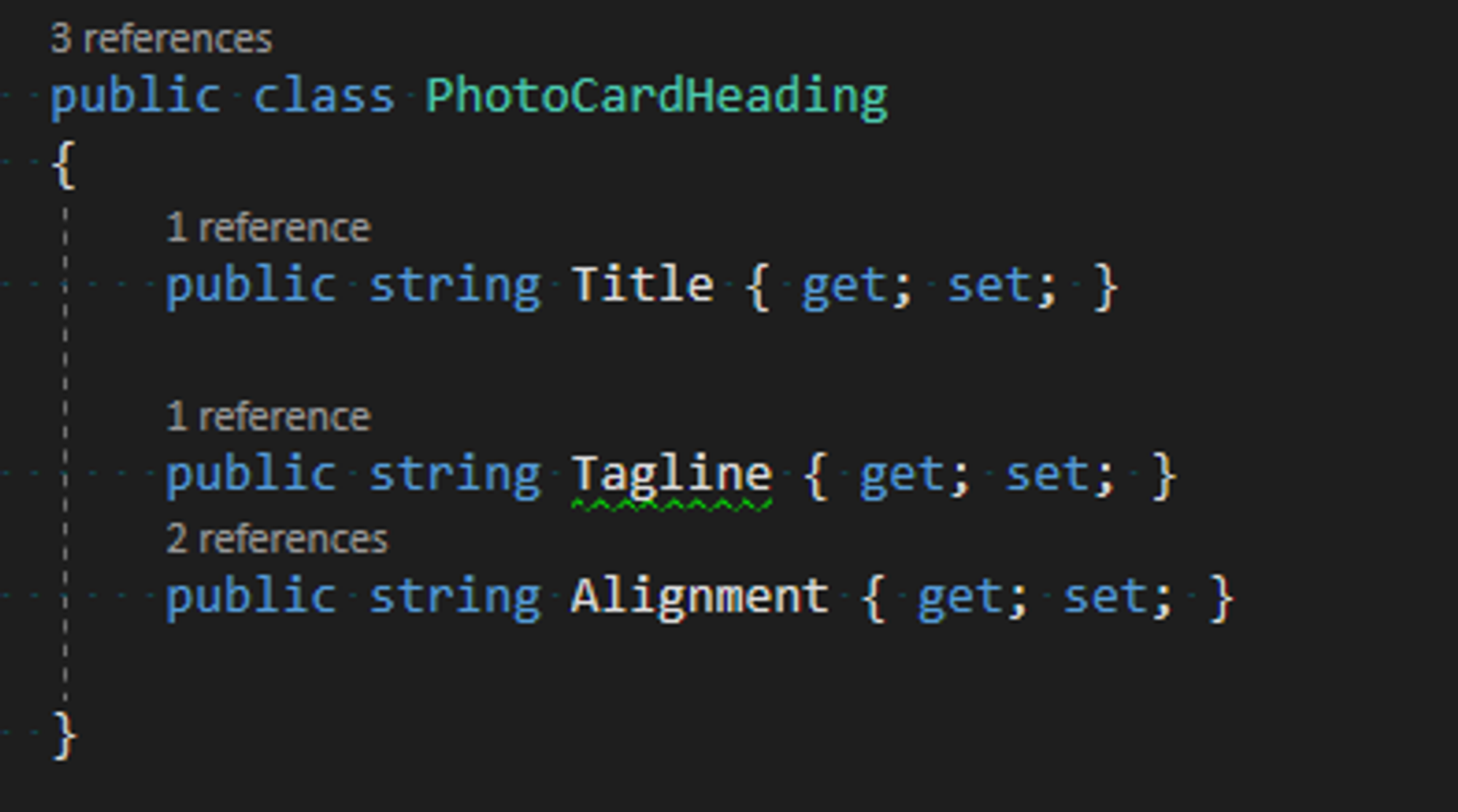 Screenshot of the Photocard Heading Model code in Visual Studio. 