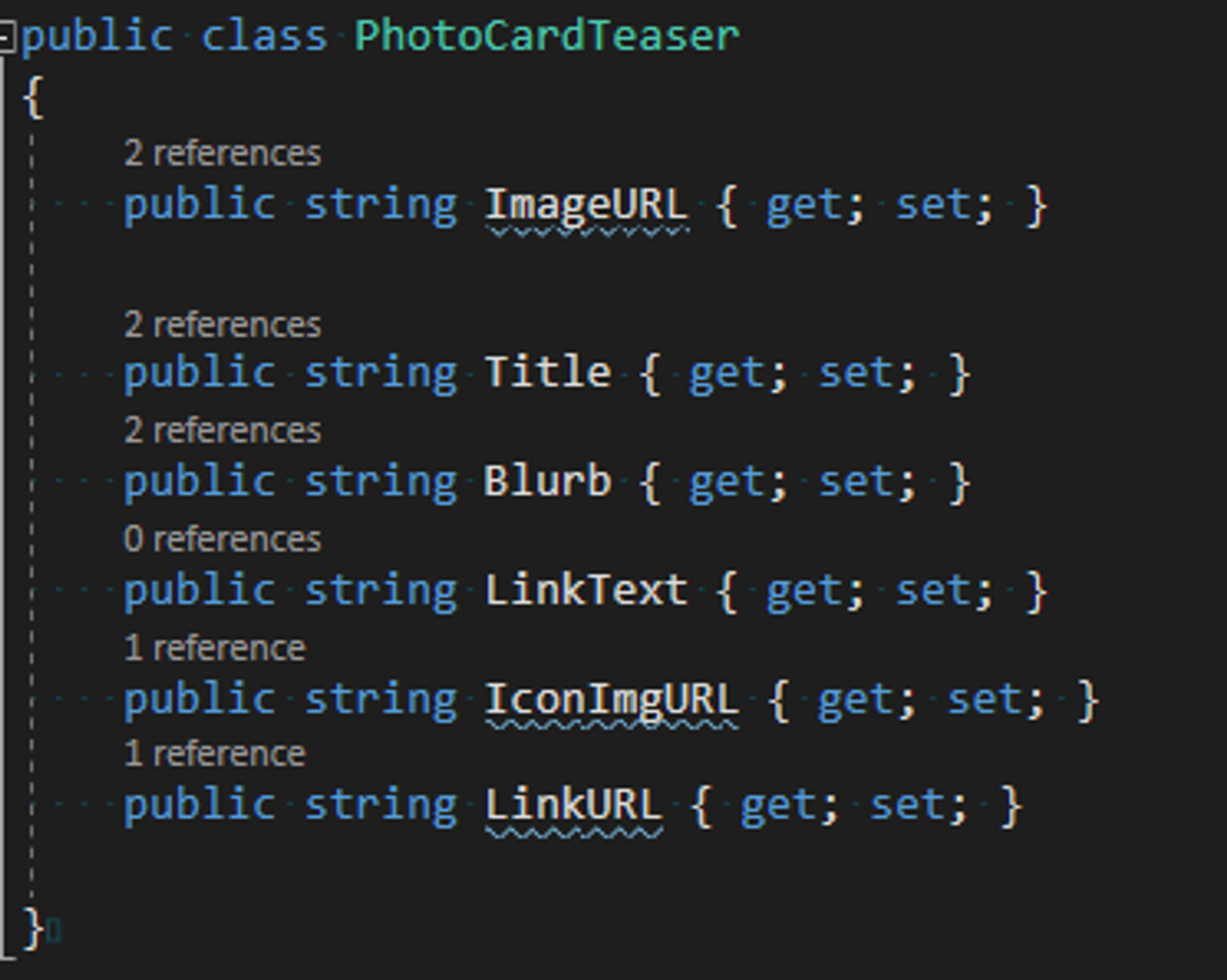 Screenshot of the Photocard Teaser Model code in Visual Studio.