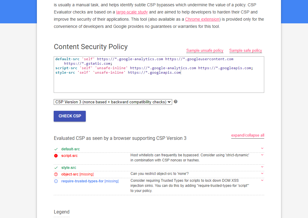 Screenshot of Content Security Policy with sample policy, evaluated results, and security recommendations.