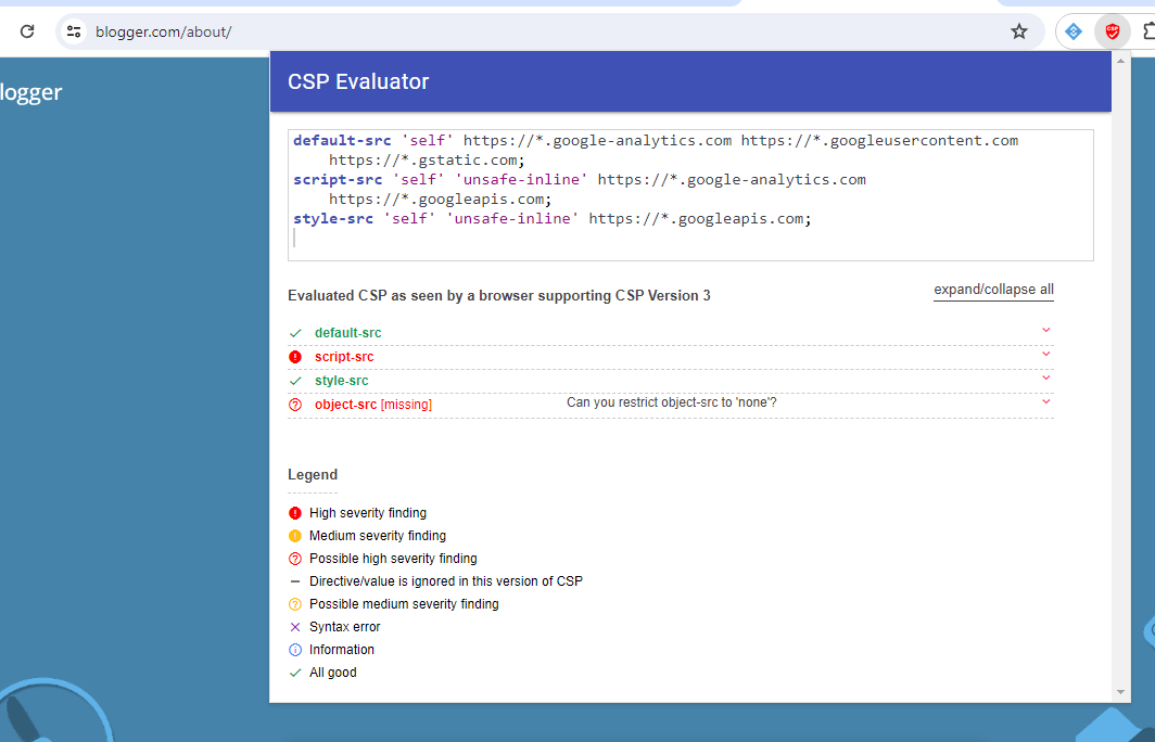 Screenshot of CSP Evaluator results showing default, script, and style-src directives with evaluations.