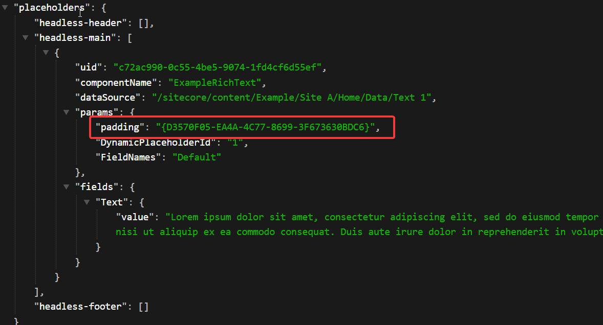 A snippet of JSON code with a highlighted 'padding' parameter, indicating configuration settings for a web component.
