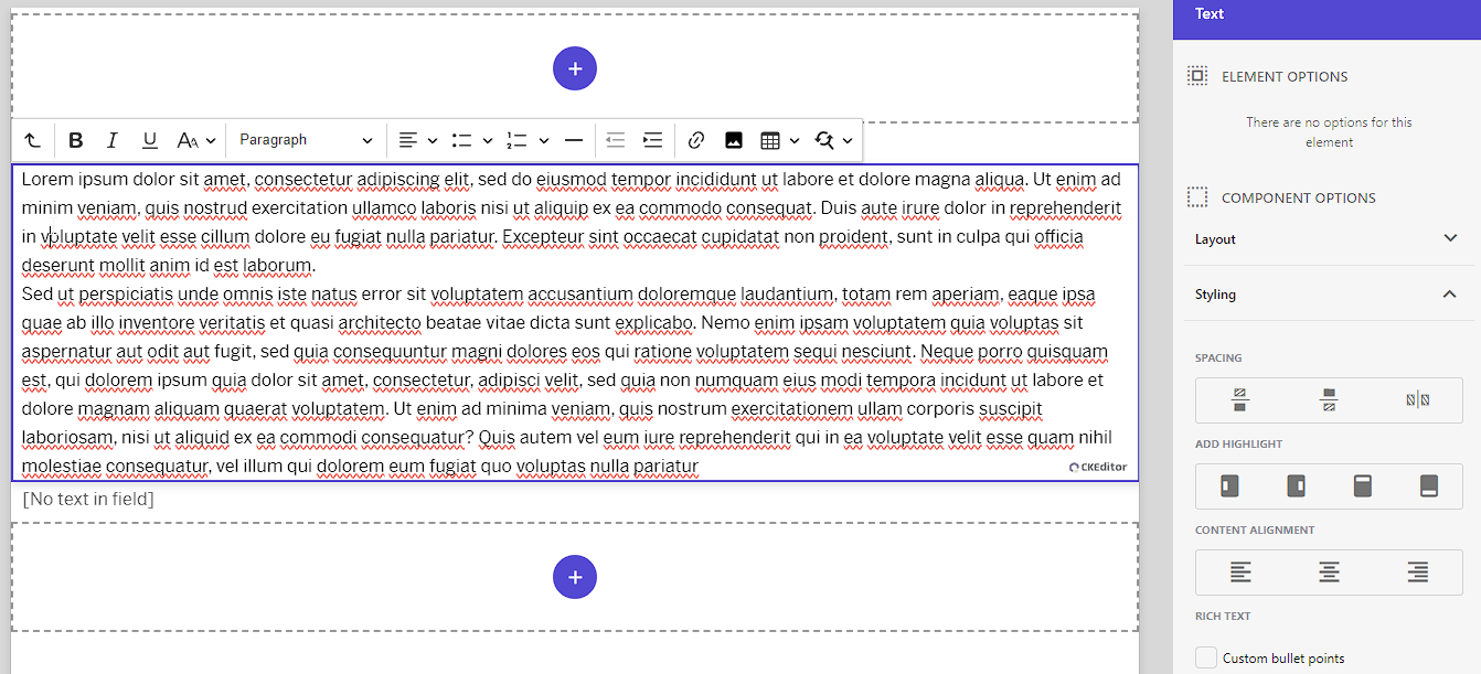Advanced text editor showing paragraph formatting, content alignment, and custom bullet point options.