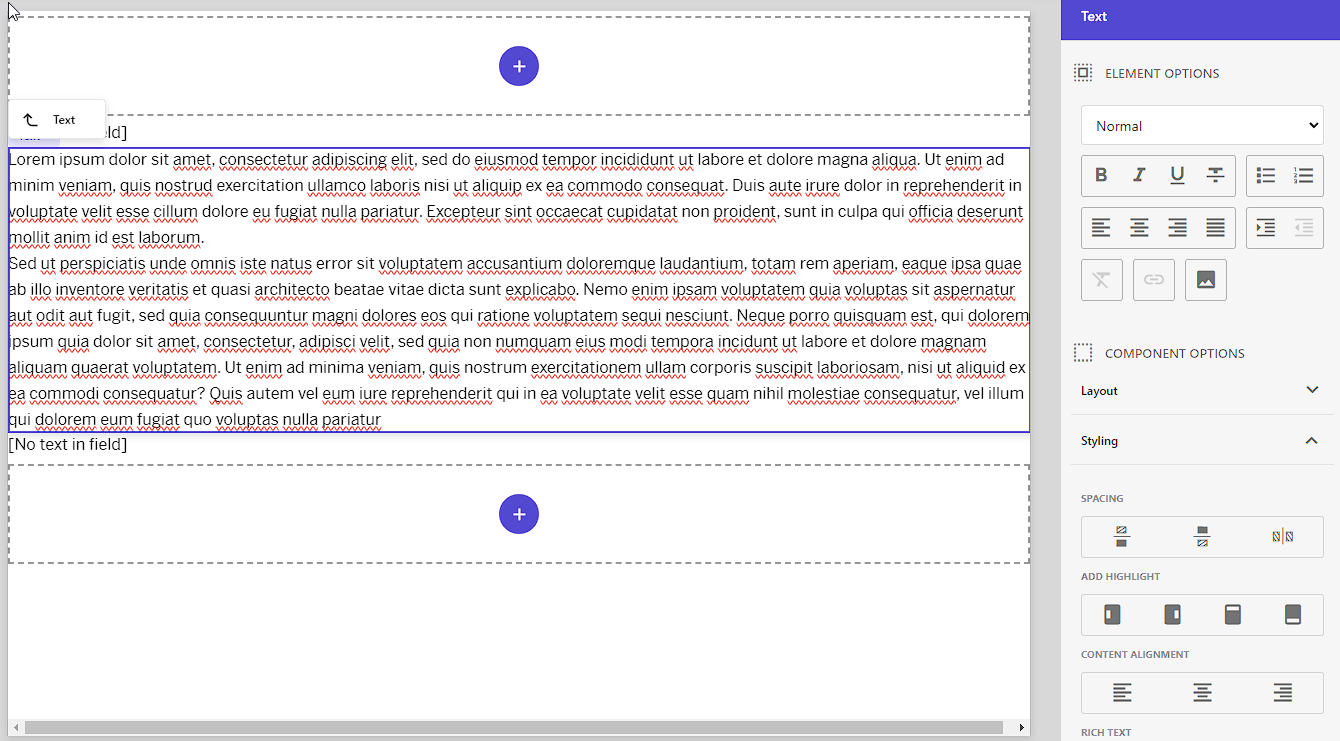 Text editing tool interface with lorem ipsum placeholder text and various formatting options.