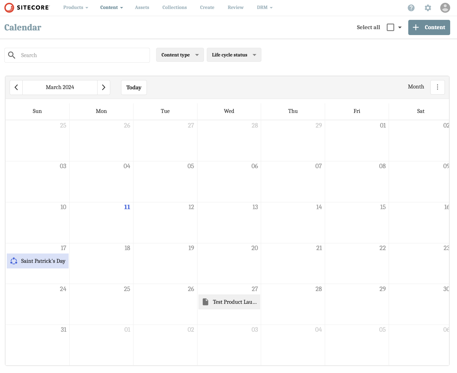 Screenshot of the Calendar Page in Sitecore CMP