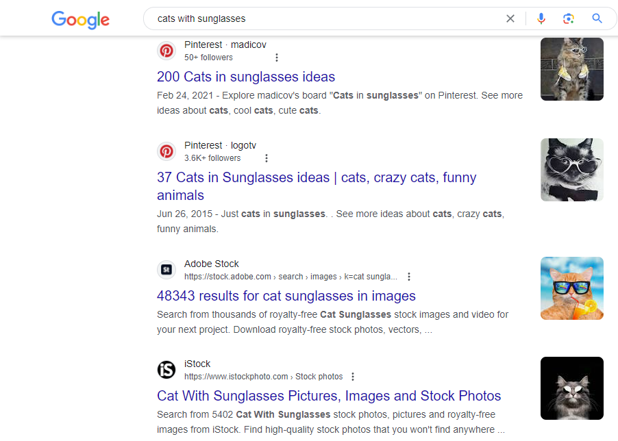 Google search results for 'cats with sunglasses'.