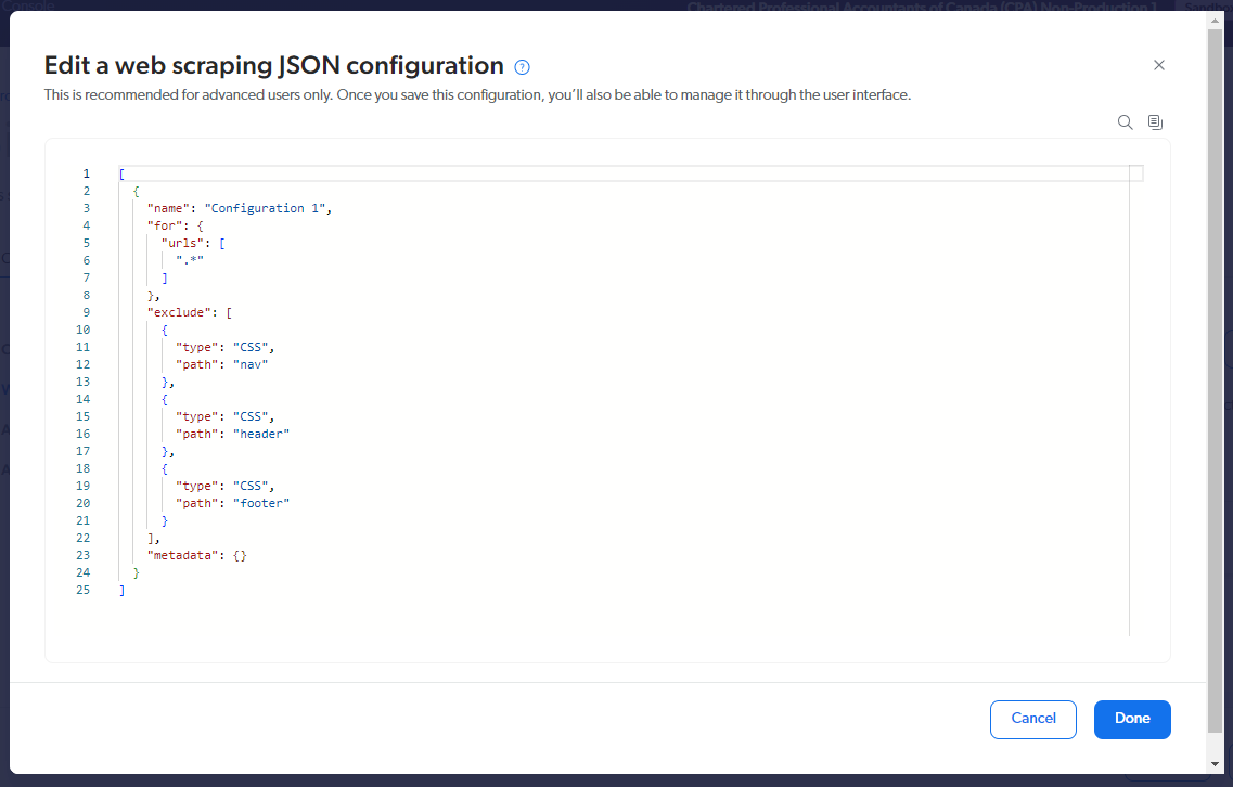 Detailed view of a JSON configuration file for web scraping in Coveo.