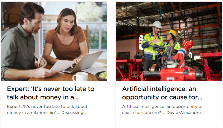 Two expert articles displayed side by side, one on finance and one on AI.