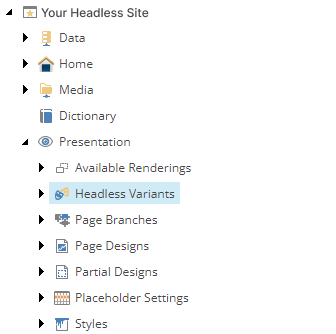 Screenshot of Sitecore's Content Editor showing 'Headless Variants' and 'Card' items.