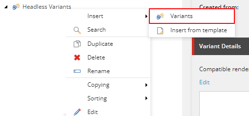 Dropdown menu for creating new 'Variants' inside the 'Headless Variants' section of Sitecore.
