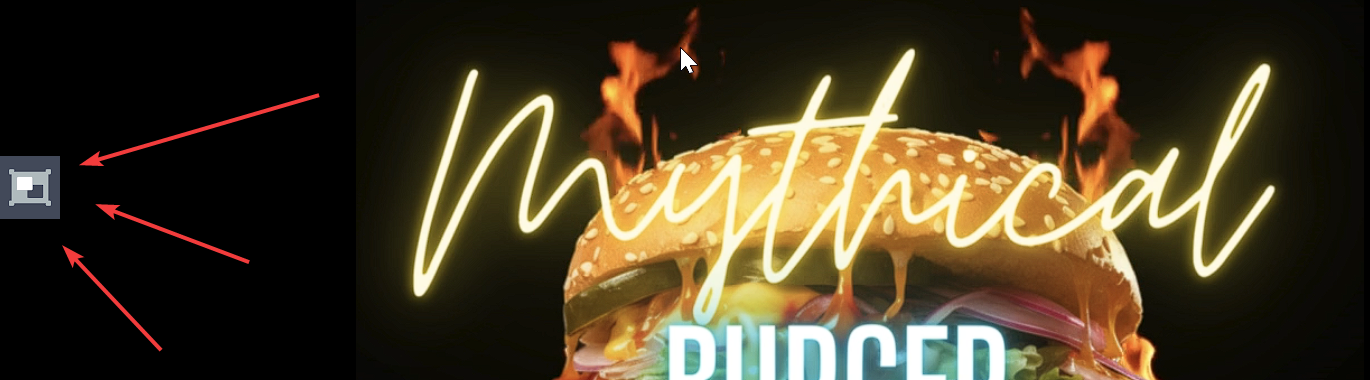Close-up of a cursor interacting with a marketing graphic of a burger with fiery effects.
