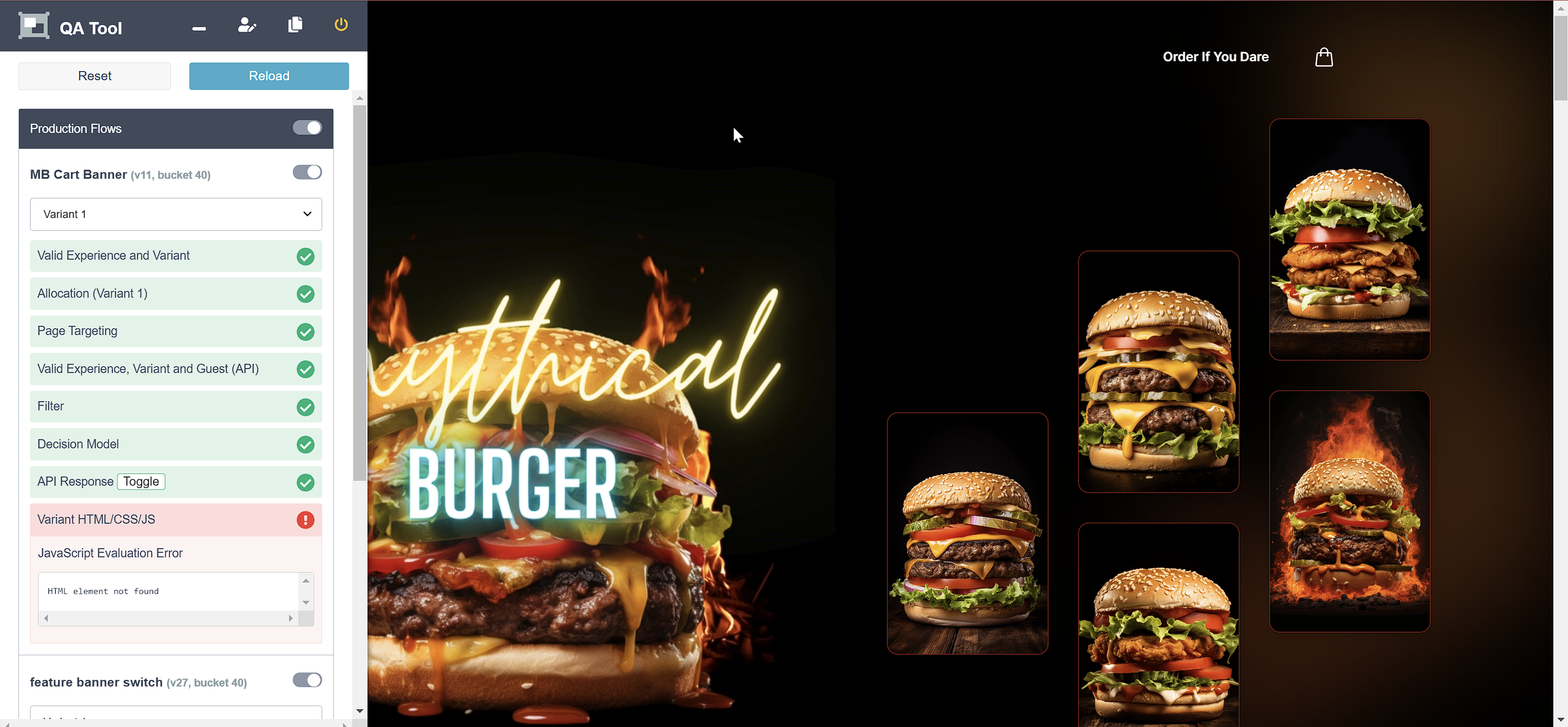 A web tool interface displaying a quality assurance checklist for a burger advertisement.