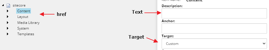  Sitecore CMS interface for setting link 'href', 'Text', and 'Target' with navigation pane on the left