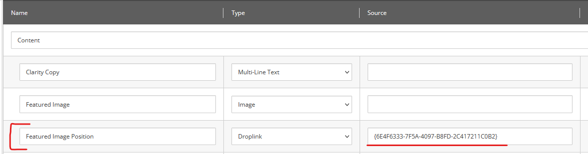 Snippet of a CMS panel showing fields for featured image and position settings.
