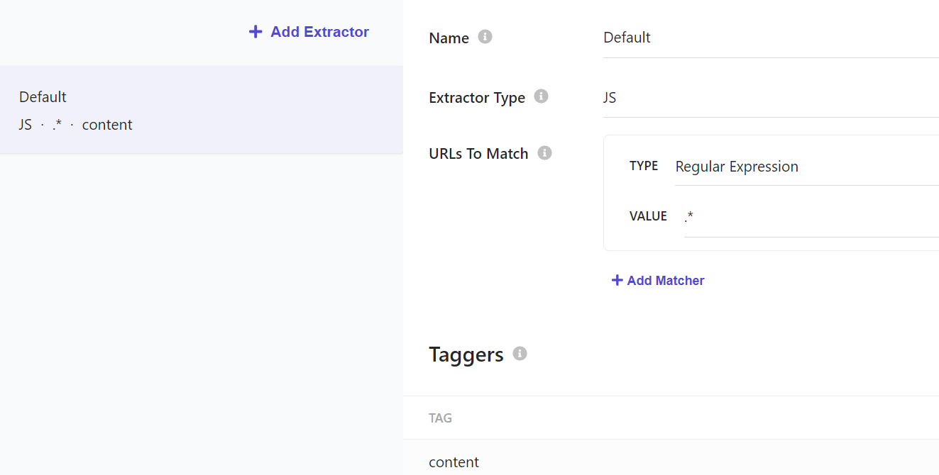 Screenshot of content extractor settings with JavaScript type and regular expression matcher.