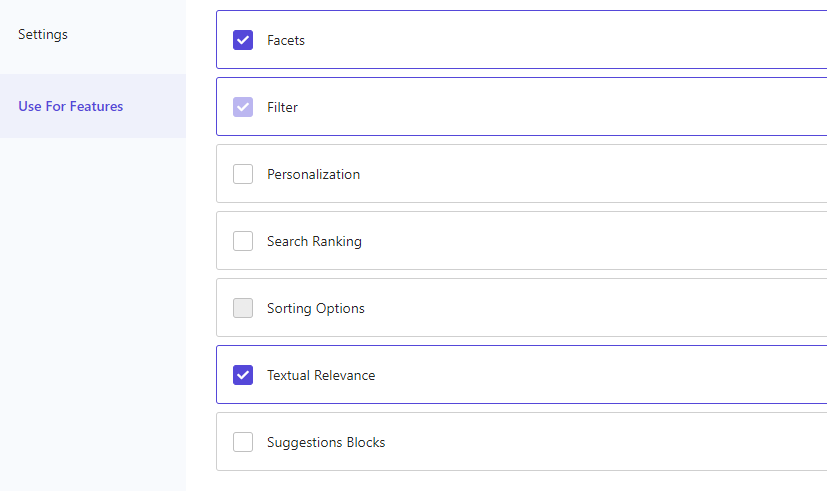 Screenshot of content management settings with options for facets, filters, and textual relevance.