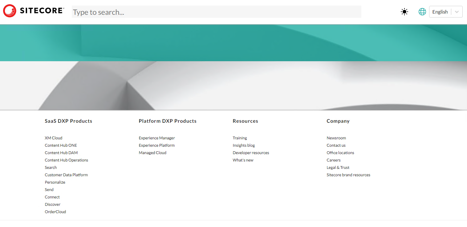 Screenshot of Sitecore's homepage featuring product categories and company information.