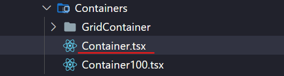 Screenshot showing code files named 'Container.tsx' and 'Container100.tsx' in a development IDE