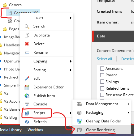 Dropdown menu in Sitecore with various editing options including 'Refresh' and 'Clone Rendering'