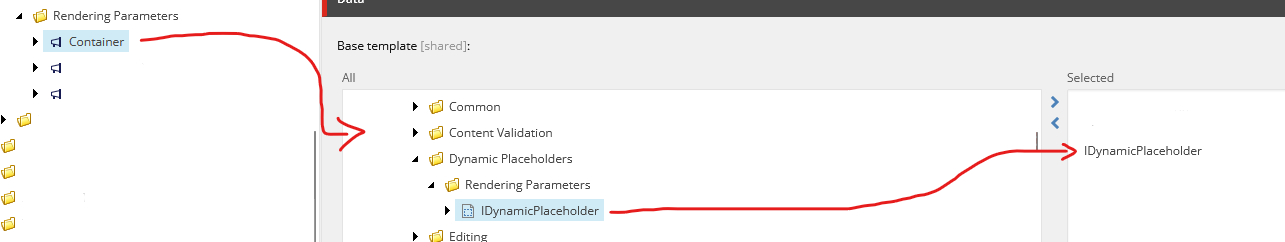 Sitecore interface showing the process of selecting the 'IDynamicPlaceholder' for a container