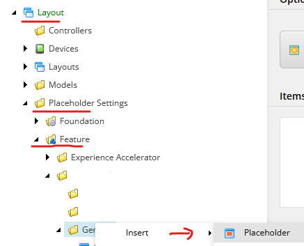 Sitecore navigation pane with an arrow indicating the action to insert a new placeholder