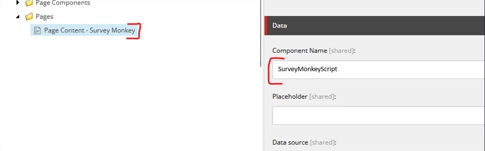 A screenshot showing the CMS structure, highlighting 'Page Content - Survey Monkey' and data component bindings.