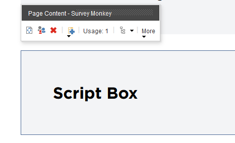 A CMS script box labeled 'Page Content - Survey Monkey' with 'Script Box' placeholder text.
