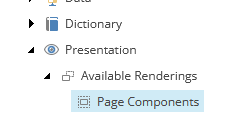A sidebar menu in a CMS showing 'Dictionary,' 'Presentation,' and 'Page Components' options.