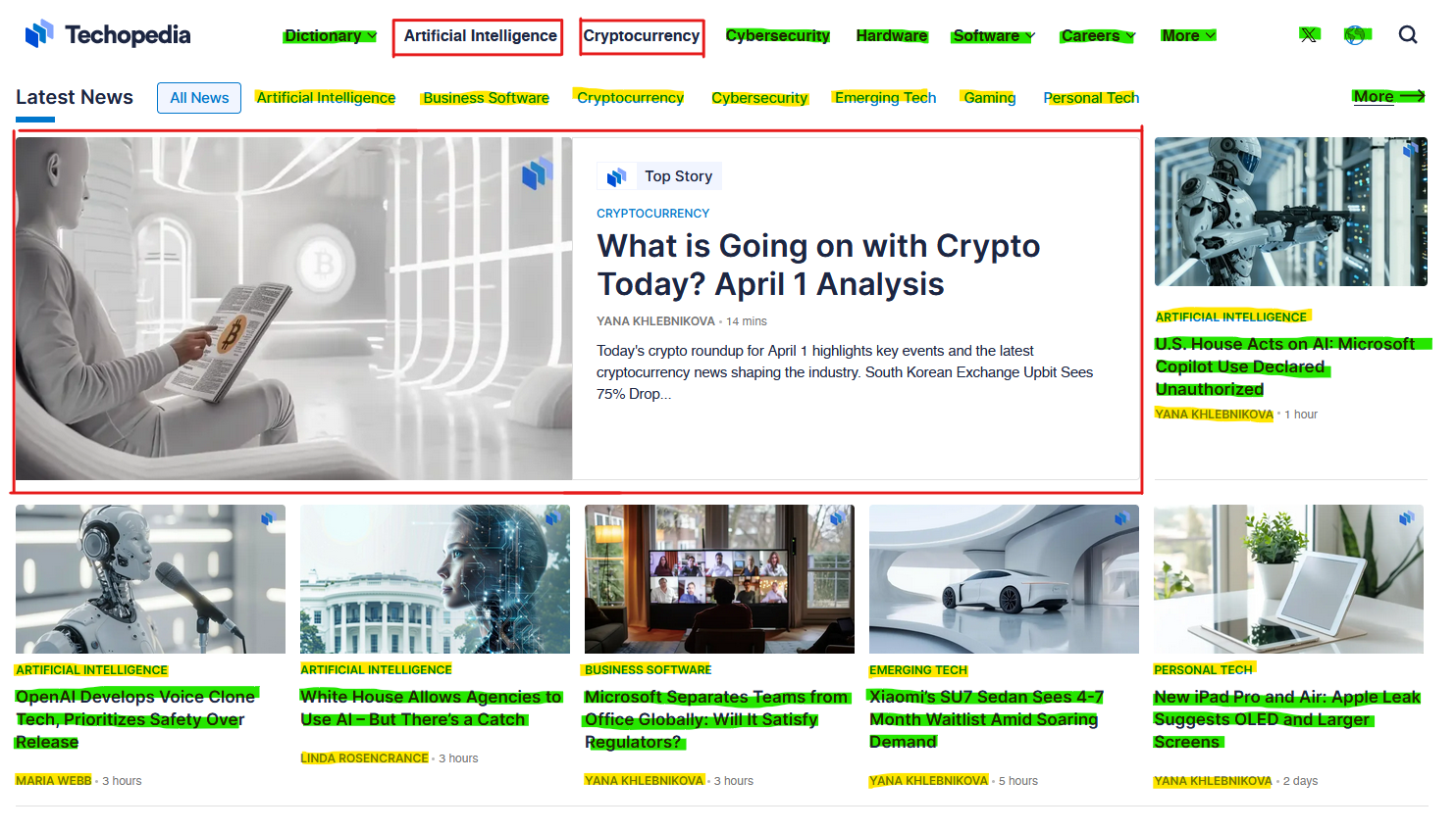 Screenshot of a technology news website's homepage with headlines about cryptocurrency, AI developments, and emerging tech with highlights  showing candidates for preload