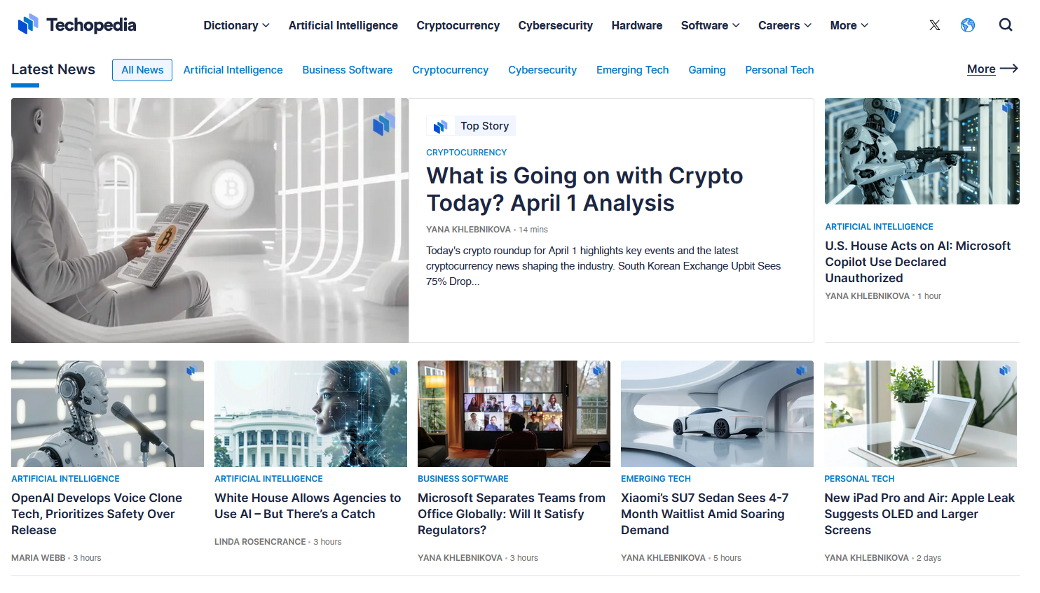 Tech news portal featuring articles on cryptocurrency analysis, AI voice clone tech, and business software updates.