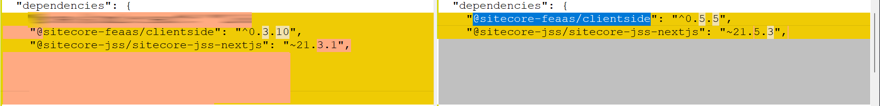 Side-by-side comparison of JSON files highlighting updated dependencies for web development packages.