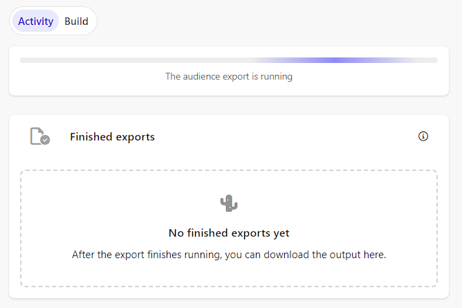 Screenshot indicating an ongoing audience export process with a message that no finished exports are yet available.