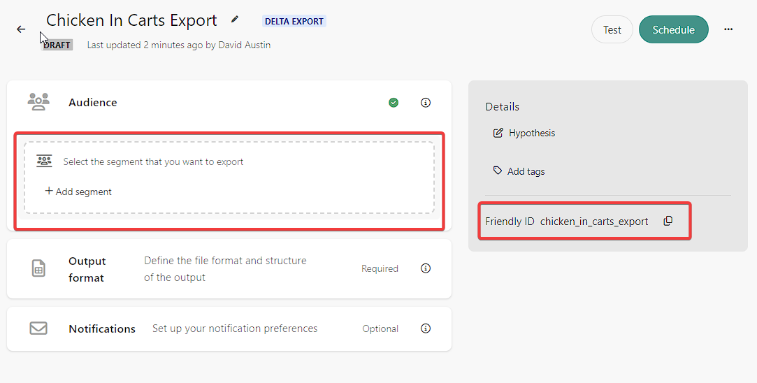 Screenshot of the Customer Data Platform's export interface with options to select audience segments and set up file format and notifications.