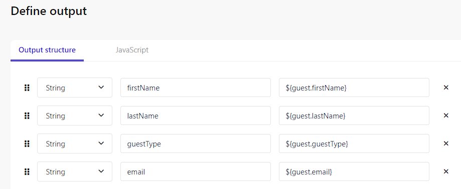 Screenshot of Customer Data Platform's output structure definition interface with fields for firstName, lastName, guestType, and email.