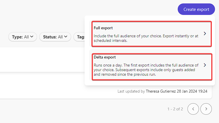 Screenshot of the Customer Data Platform with explanations for 'Full Export' and 'Delta Export' types, detailing their respective functionalities.
