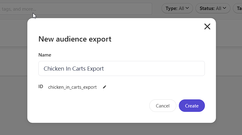 Screenshot showing the dialog box for creating a new audience export named 'Chicken In Carts Export' in a Customer Data Platform.