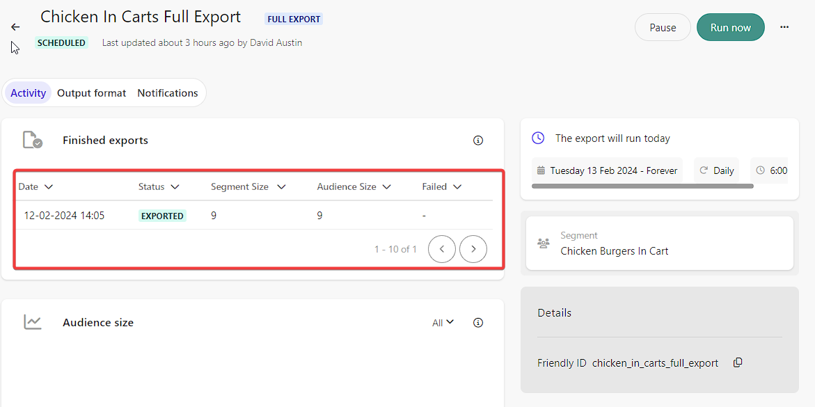 Screenshot showing details of a scheduled export named "Chicken In Carts Full Export" with a status of 'EXPORTED' and segment size of 9.