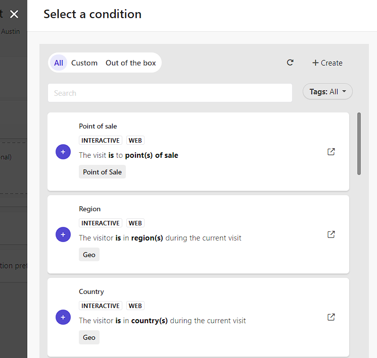 Screenshot of a Customer Data Platform segment builder with various conditions like "Point of Sale," "Region," and "Country" available for selection.