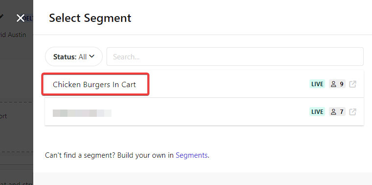 Screenshot of a Customer Data Platform's segment selection interface with 'Chicken Burgers In Cart' highlighted for export.