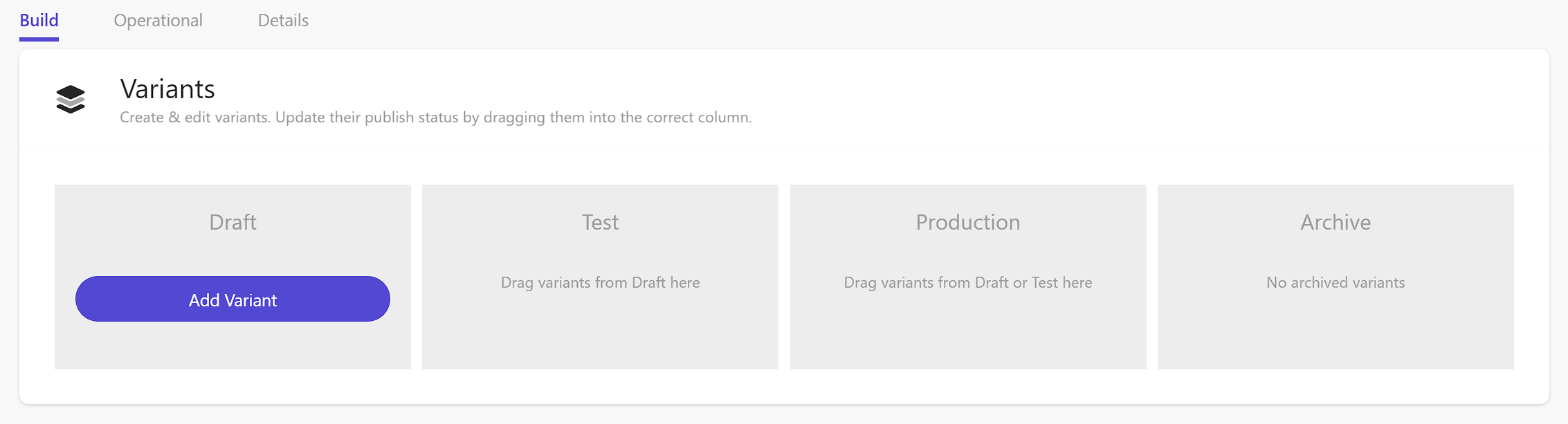Screenshot of the variant management section with options to add and sort variants into draft, test, and production.