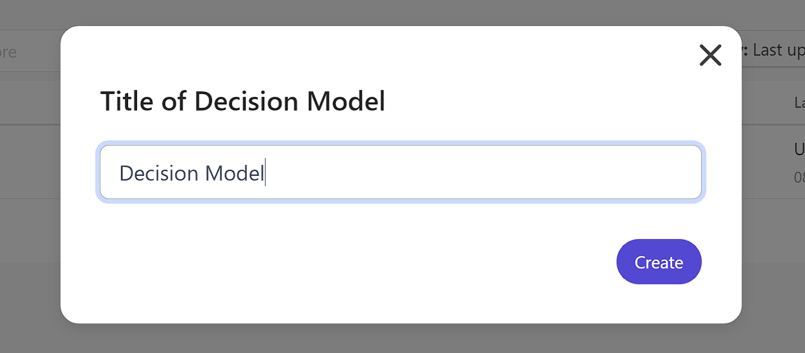 A pop-up window to enter the title of a new decision model.