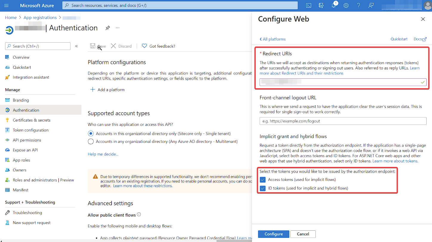 Azure AD authentication settings page highlighting redirect URIs and token configurations