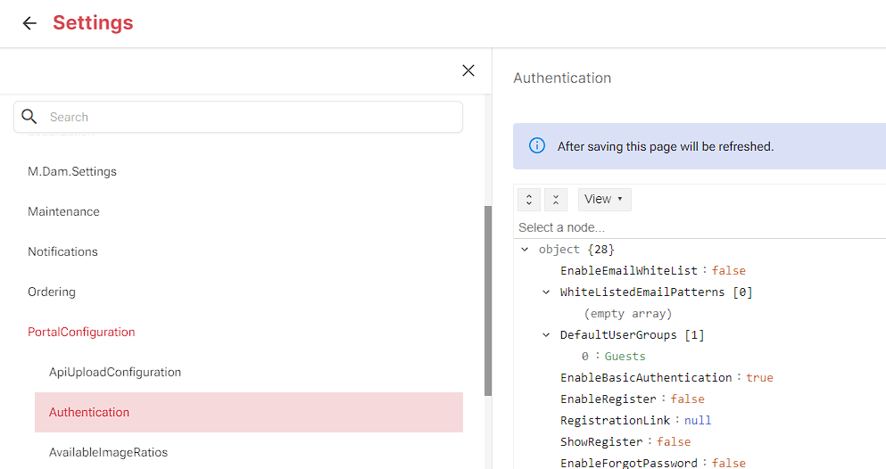 Sitecore Content Hub settings page with Authentication tab selected