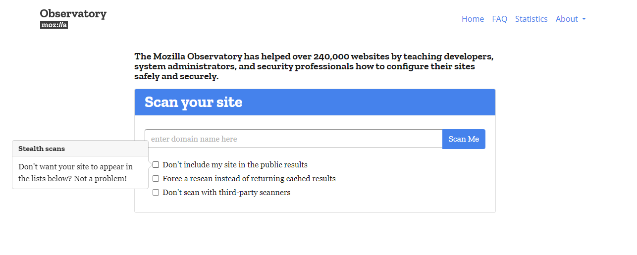 Homepage of the Mozilla Observatory tool with a Scan your site button and options for stealth scans